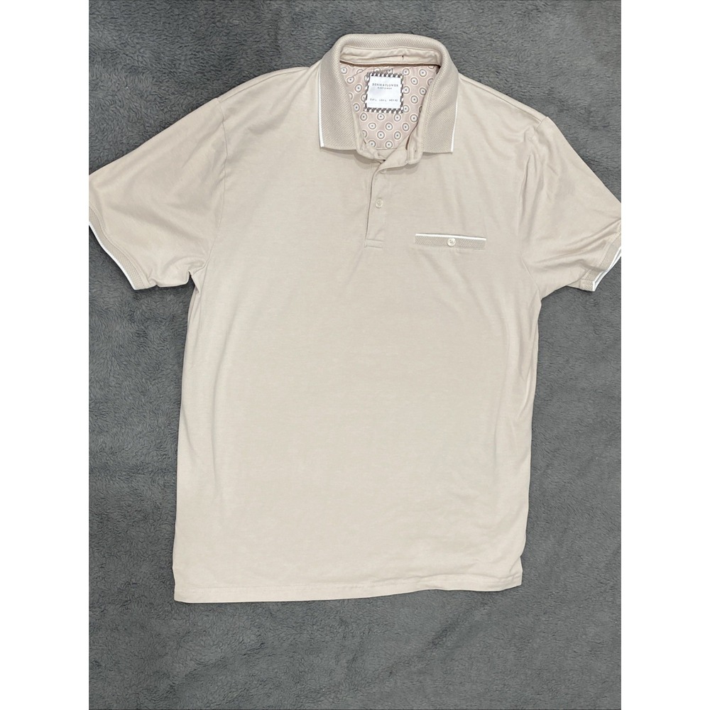 Denim & Flower Mens L Beige Short Sleeve Polo Shirt Ricky Singh Geometric Collar